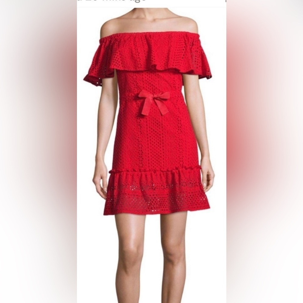 LIKELY Red Eyelet Dress Mini On Or Off Shoulder Cotton Woman’s Size 0